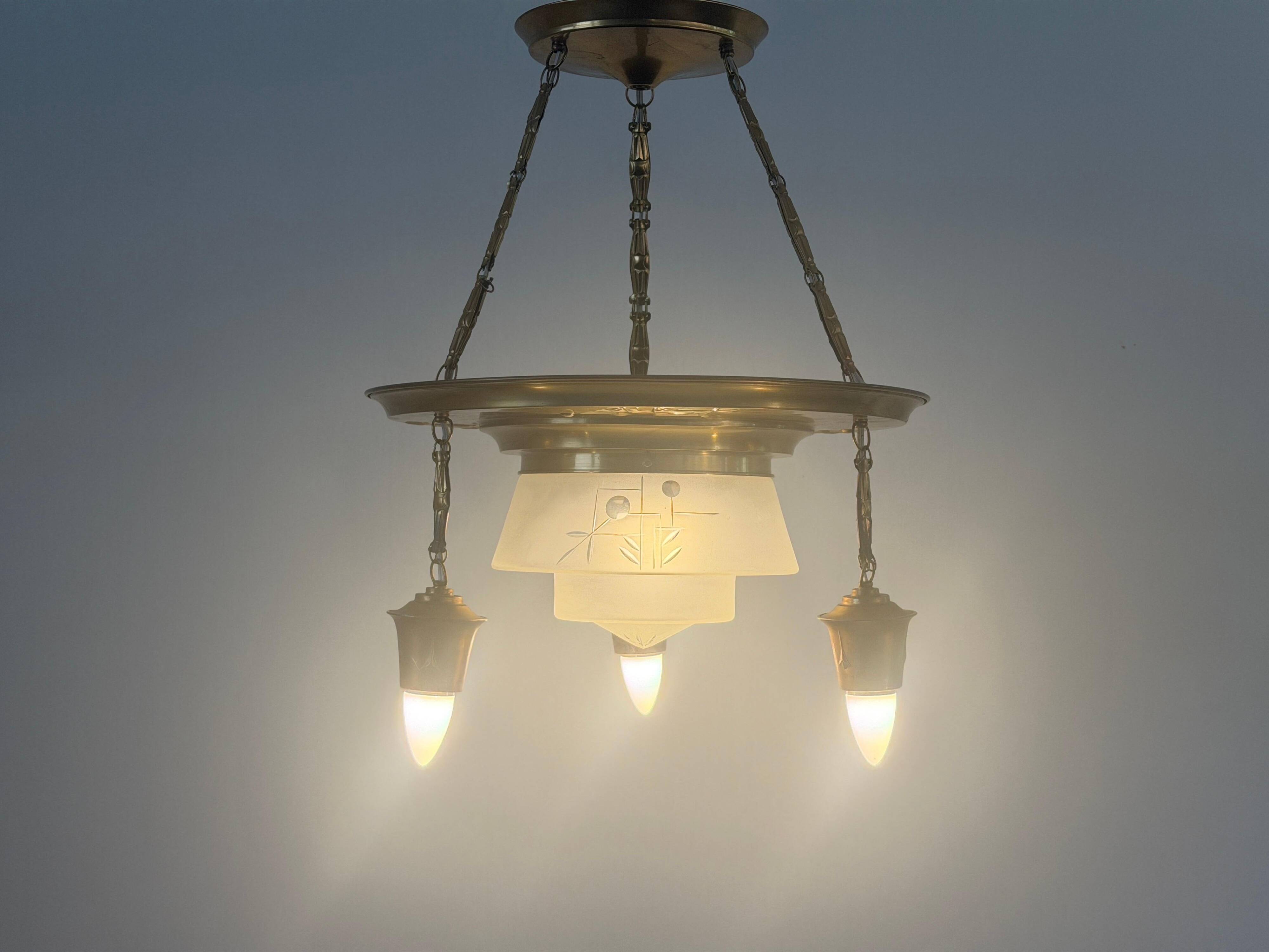 Art Deco ceiling light in copper and glass, 1940s, Germany