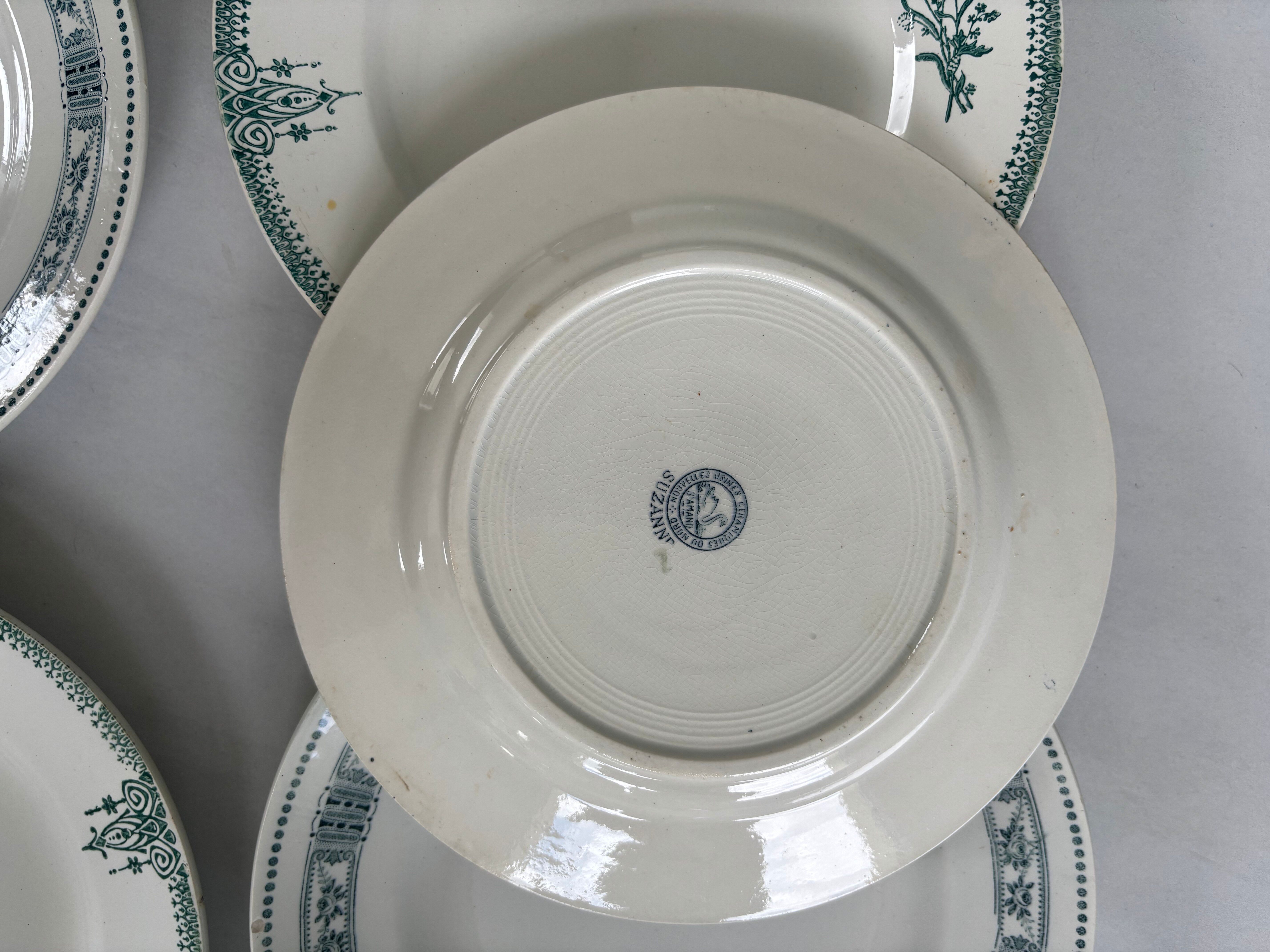 Lot 6 blue and green ironstone plates, antique French earthenware.