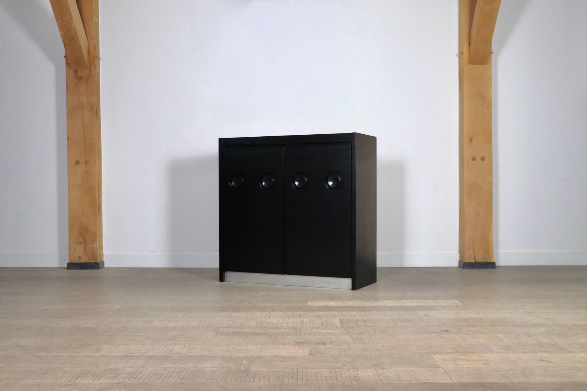 Midcentury Modern Brutalist Highboard Bar Cabinet In Black Lacquered Wood And Chrome, Belgium 1970s