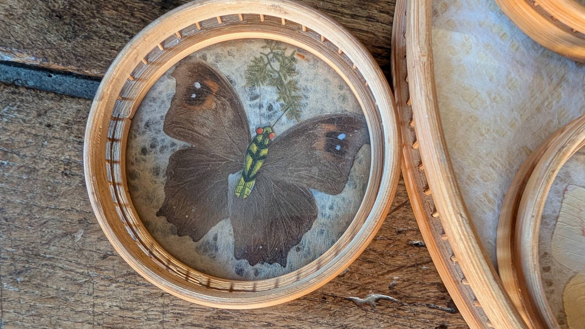 Vintage bamboo tray + 6 butterfly coasters from the 70s