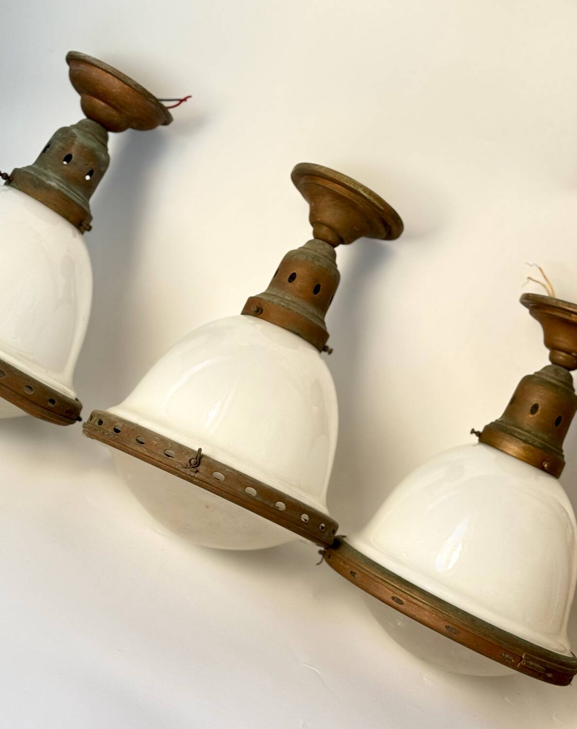 Bauhaus Art Deco Suspension Set in Opaline Glass and Brass 1930