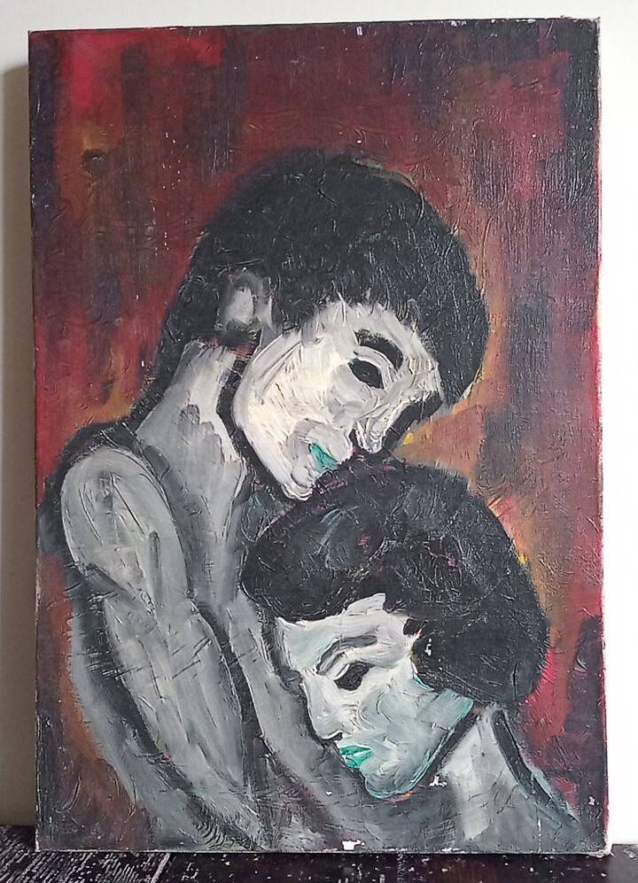 Oil on canvas - embracing couple - 55 x 38 cm