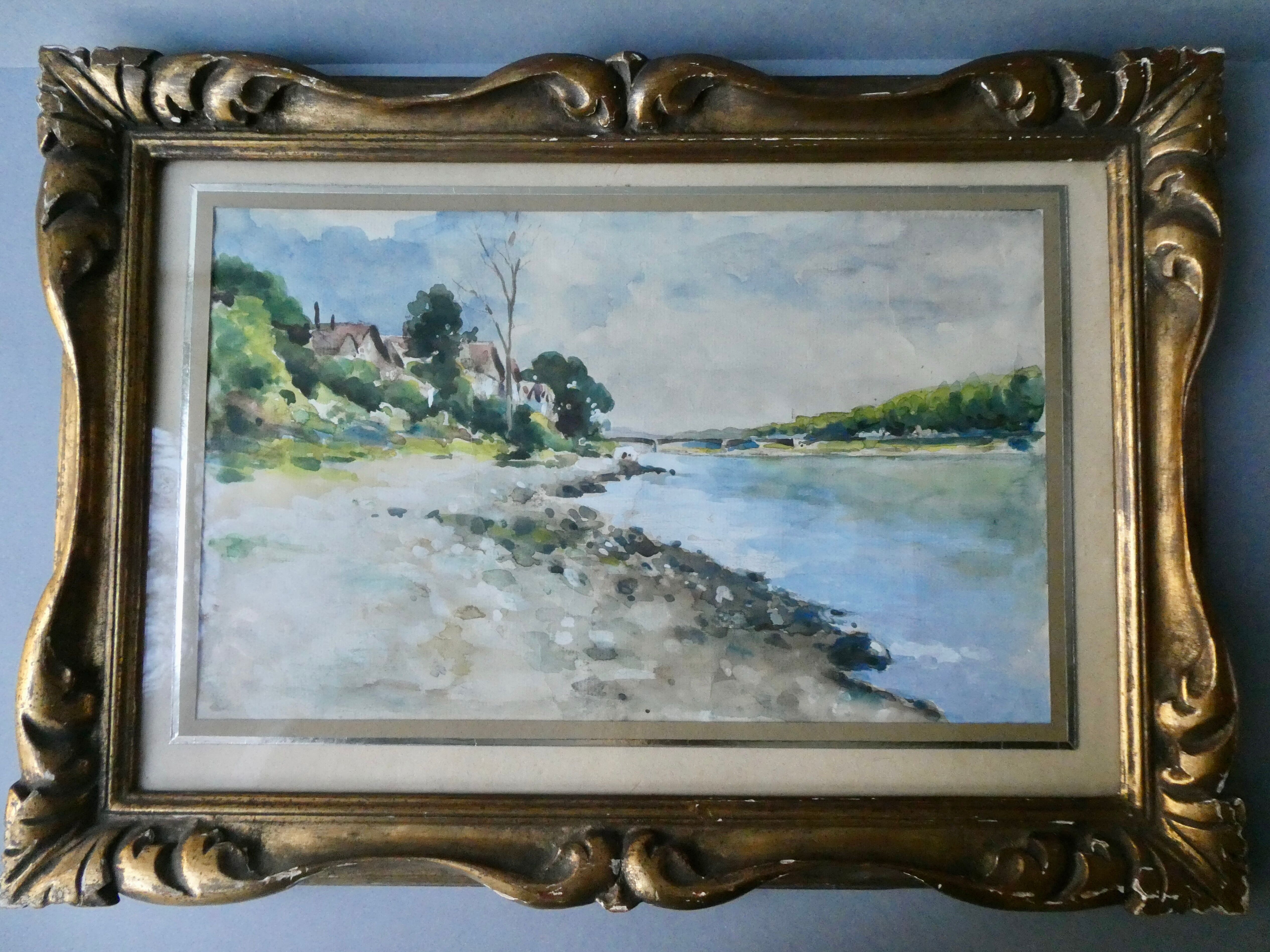 Watercolor painting of Ile Saint Denis, banks of the Seine, signed