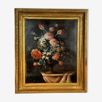 Tableau huile sur toile du XIXe nature morte au vase de fleurs cadre doré à la feuille d'or