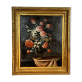 Tableau huile sur toile du XIXe nature morte au vase de fleurs cadre doré à la feuille d'or