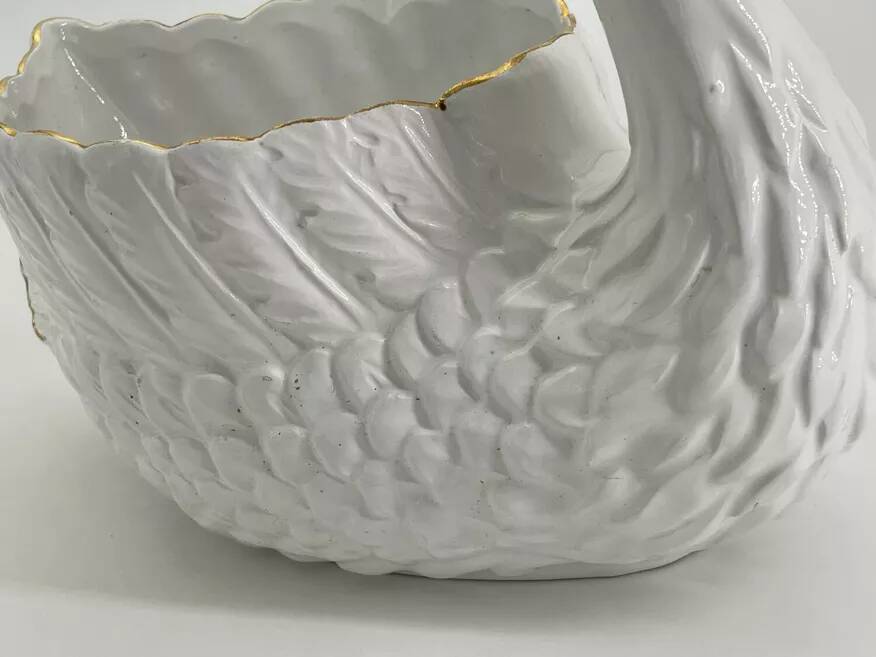 Vintage white and gold ceramic swan planter