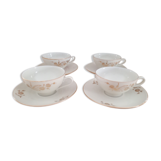 Lot de 4 tasses et leurs sous-tasses Bavaria beiges et fleurs dorées