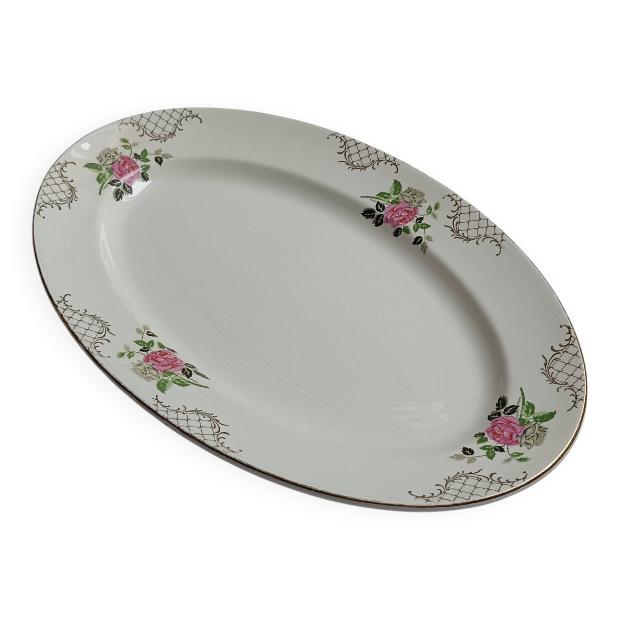 Oval plate Sarreguemines cream with pink gilding, antique.