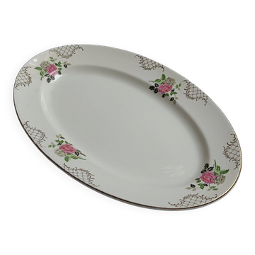 Oval plate Sarreguemines cream with pink gilding, antique.