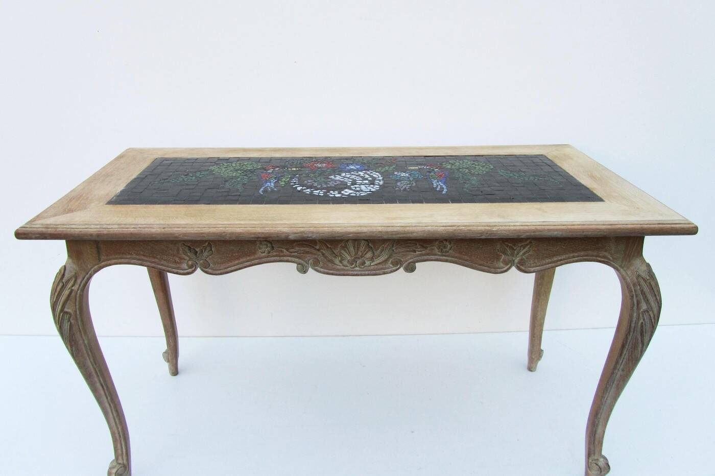 Vintage Oak &  Mosaic Coffee Table with Brids, Louis XV style 1970s