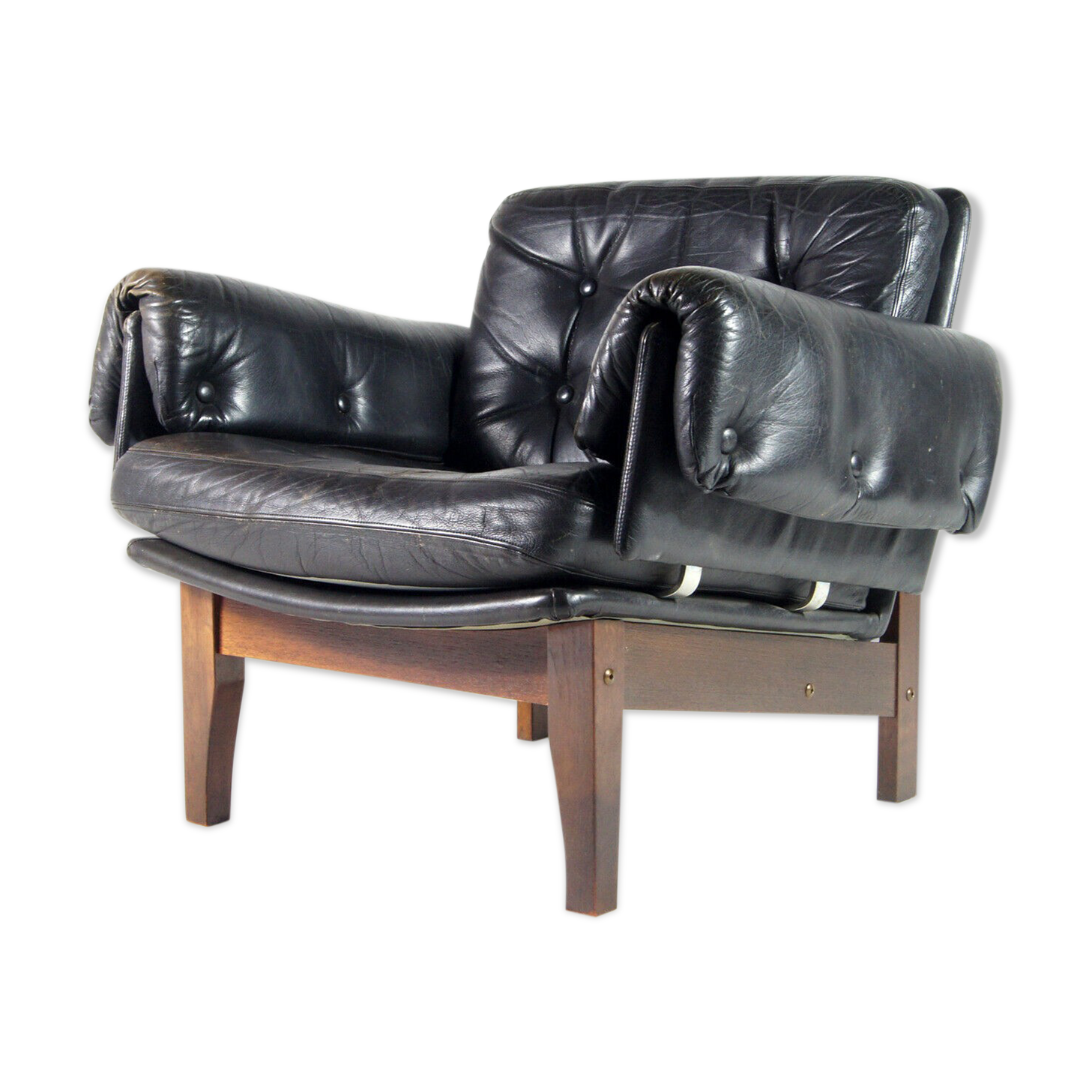 Danish teak & black leather armchair 50s