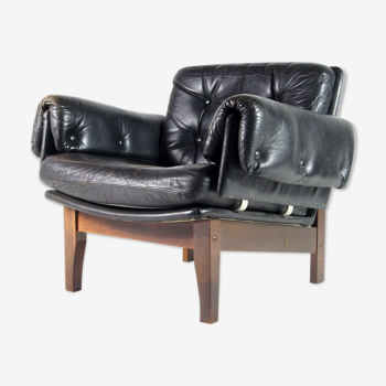 Danish teak & black leather armchair 50s