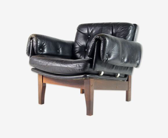 Danish Teak Black Leather Armchair, Danish Leather Chair