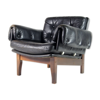 Danish teak & black leather armchair 50s