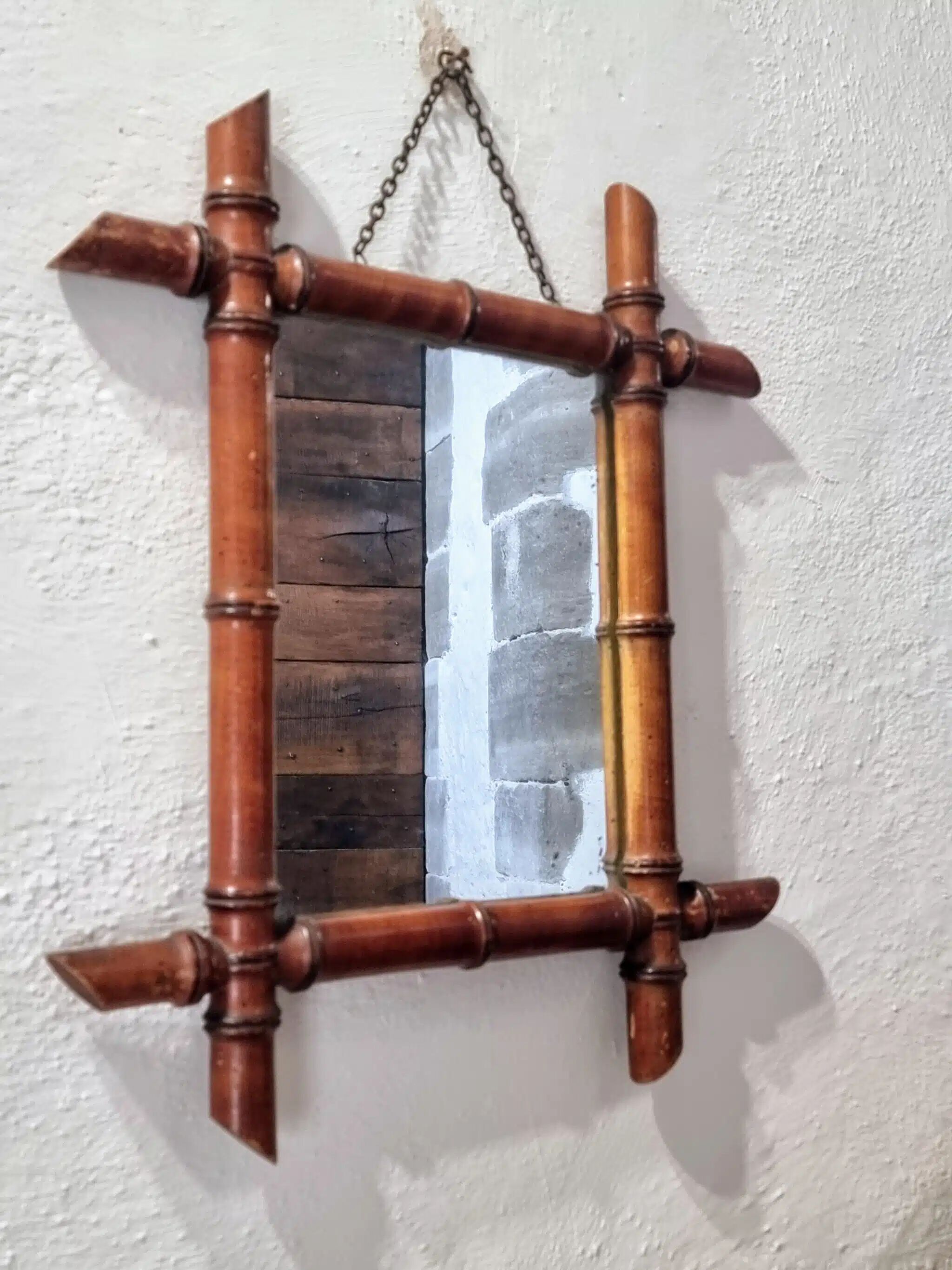 Antique Faux Bamboo Mirror - French Wall Mirror with Chain, 38×44 cm