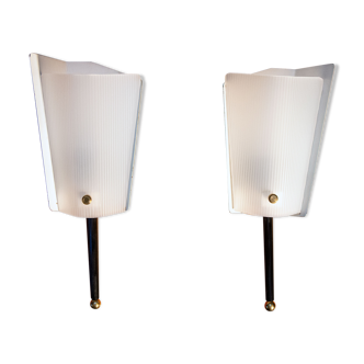 Pair of wall lamps year 50, black metal and perspex