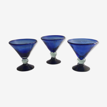 Trio of mouth blown glass blue cups vintage