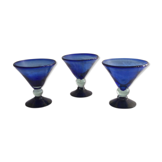 Trio of mouth blown glass blue cups vintage