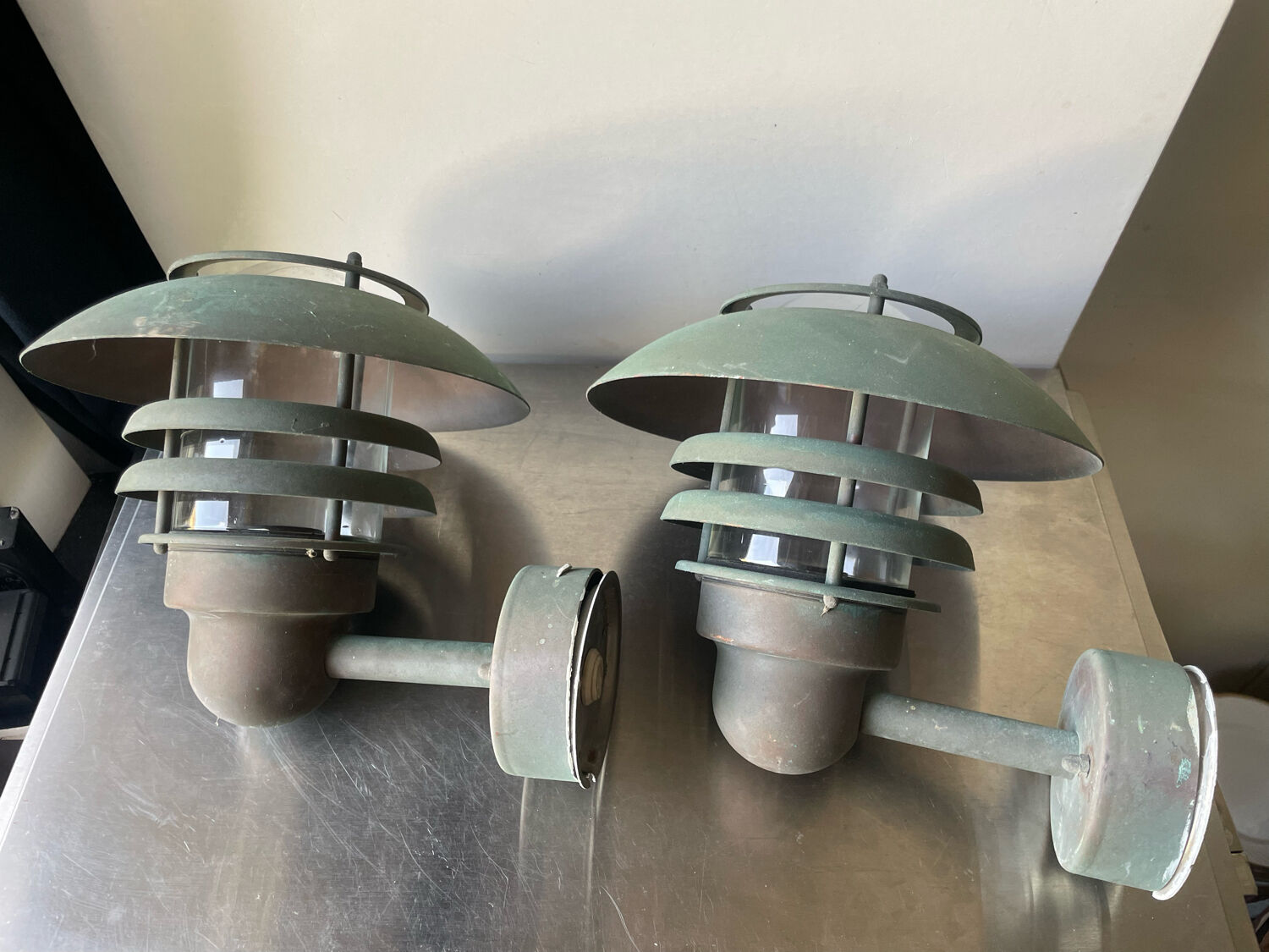 Pair of classic danish vintage outdoor wall lamps in copper