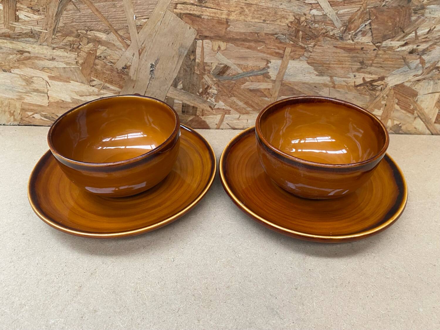 Pair of antique cups + saucers st clement ceramic brown vintage #b615