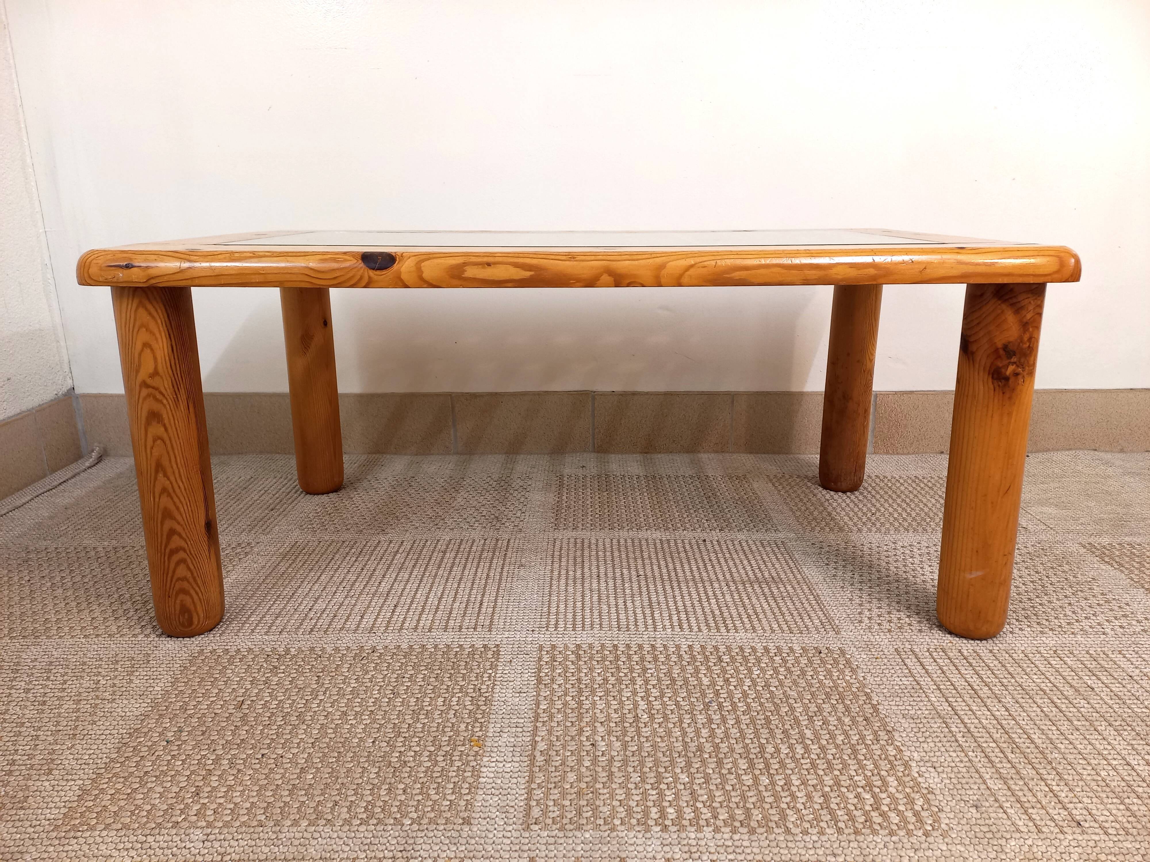 Vintage modernist coffee table in pine and glass 70s 80s