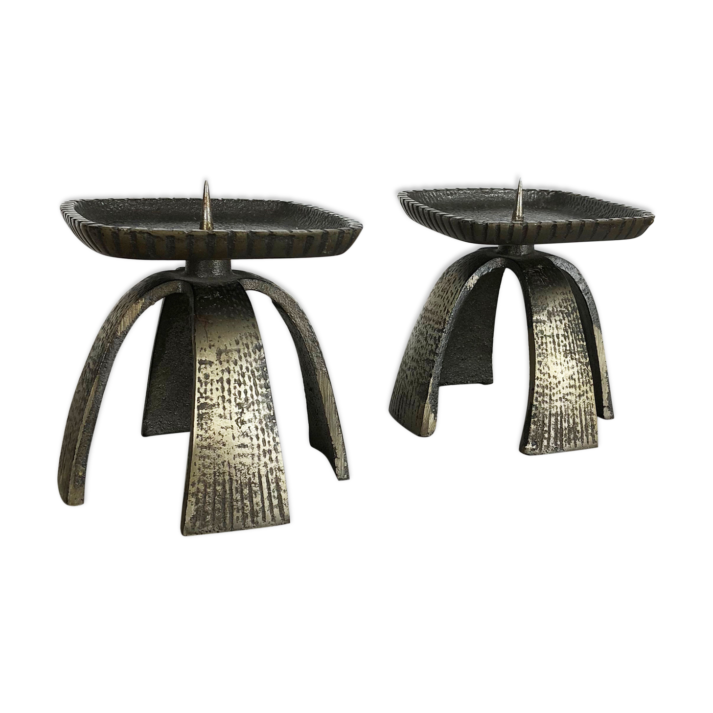 Set of 2 Modernist Vintage 1970s Sculptural Brutalist Metal Candleholder, France
