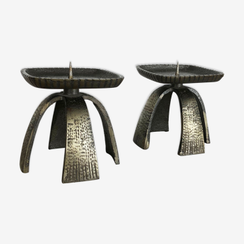 Set of 2 Modernist Vintage 1970s Sculptural Brutalist Metal Candleholder, France