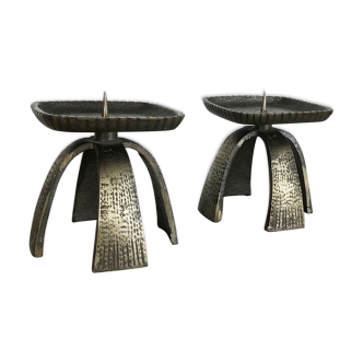 Set of 2 Modernist Vintage 1970s Sculptural Brutalist Metal Candleholder, France