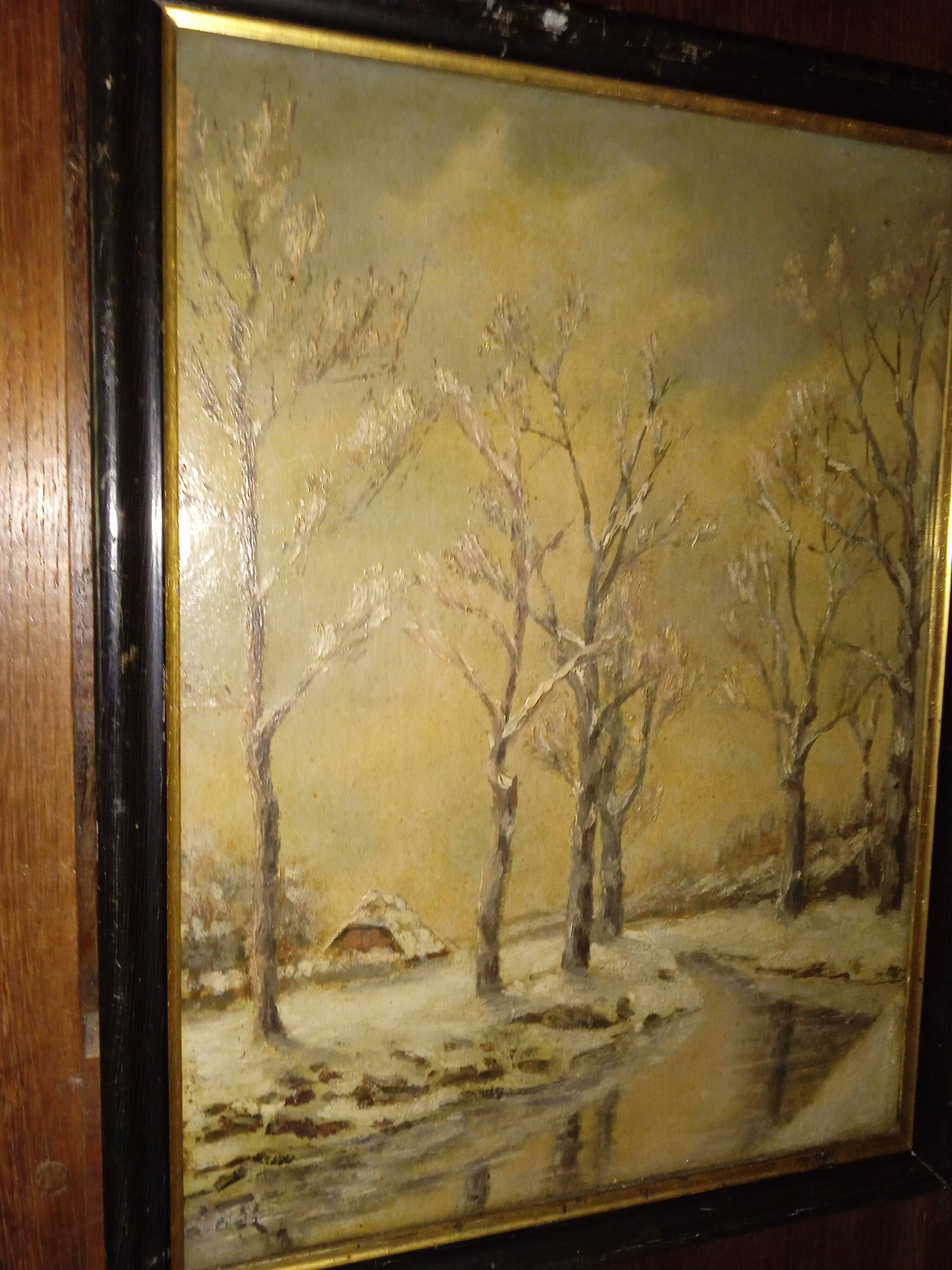 Old framed painting, oil "Wood under the snow", signed