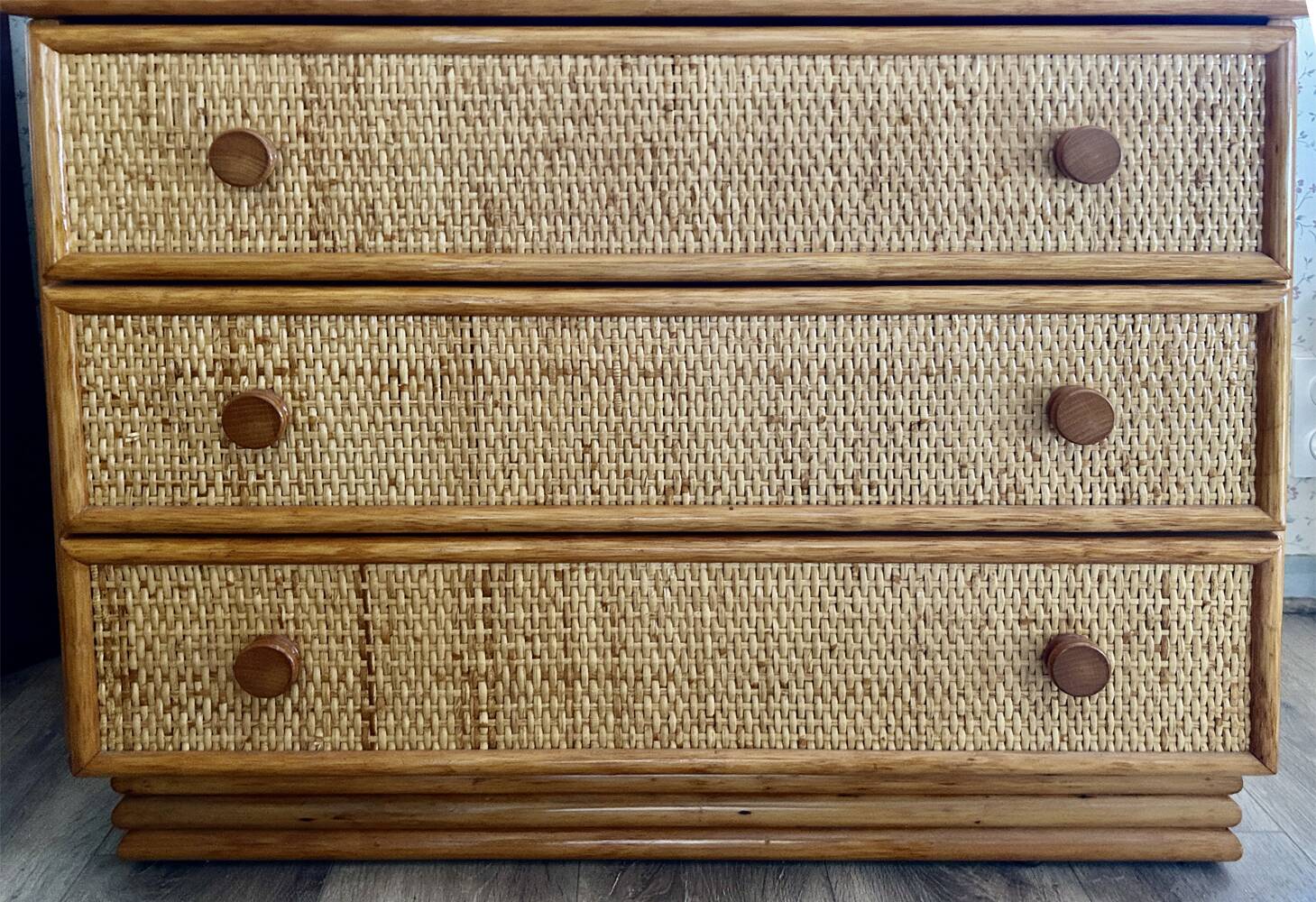 Maugrion chest of drawers for Roche Bobois, wood and rattan, 1980s