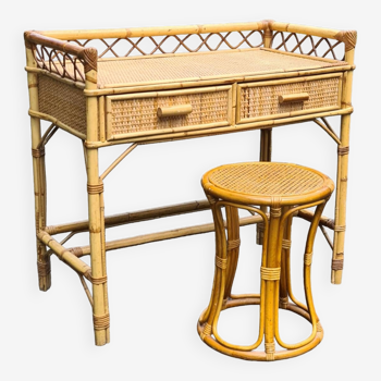 Dressing table console + stool Vintage Rattan bamboo 1960