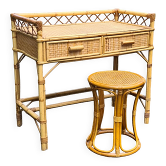 Dressing table console + stool Vintage Rattan bamboo 1960