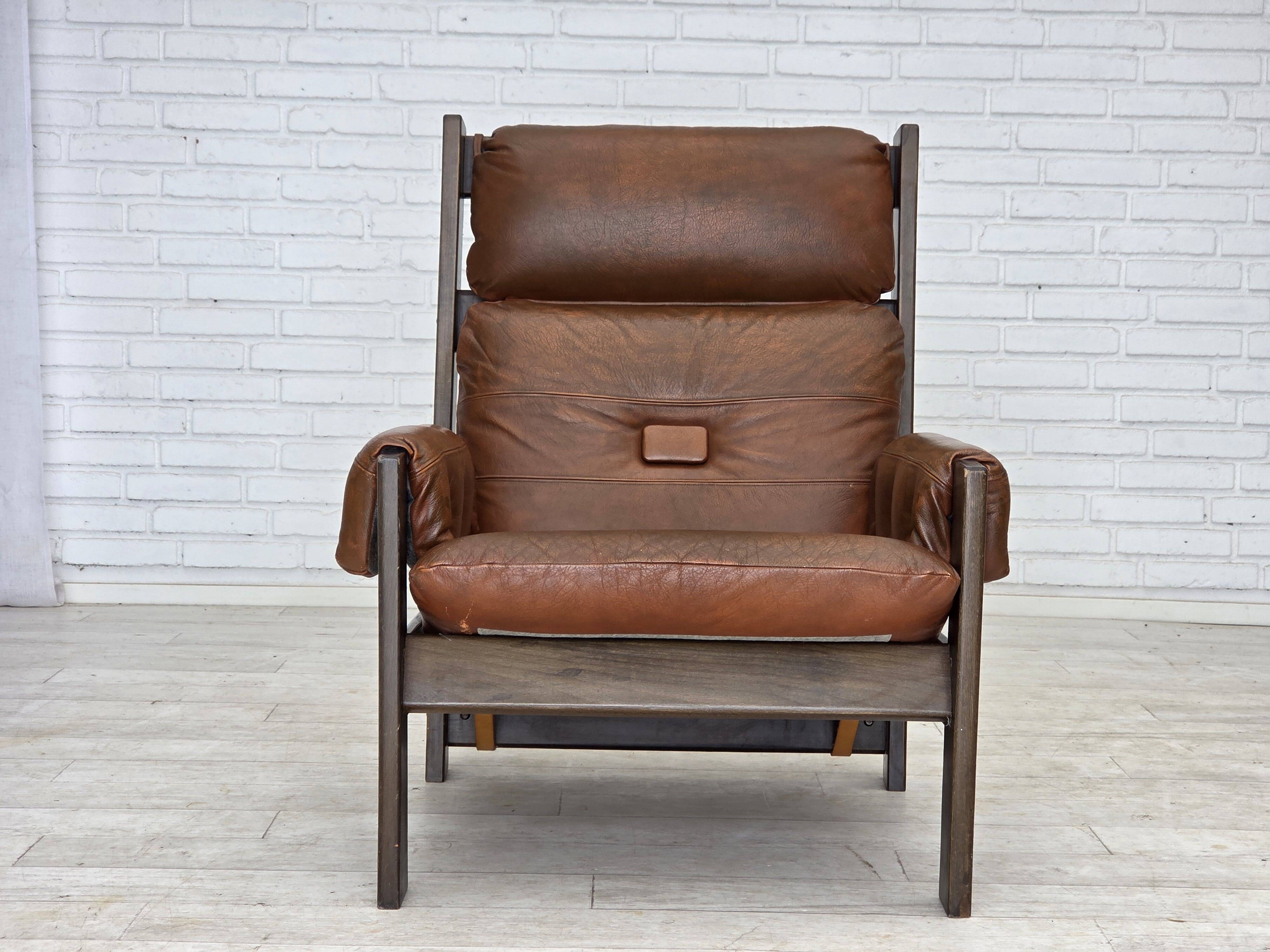 1970s, Scandinavian armchair, furniture leather, canvas, oak wood.