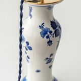 Pair of Chinese table lamps in Delft blue ceramic with new green silk shades.