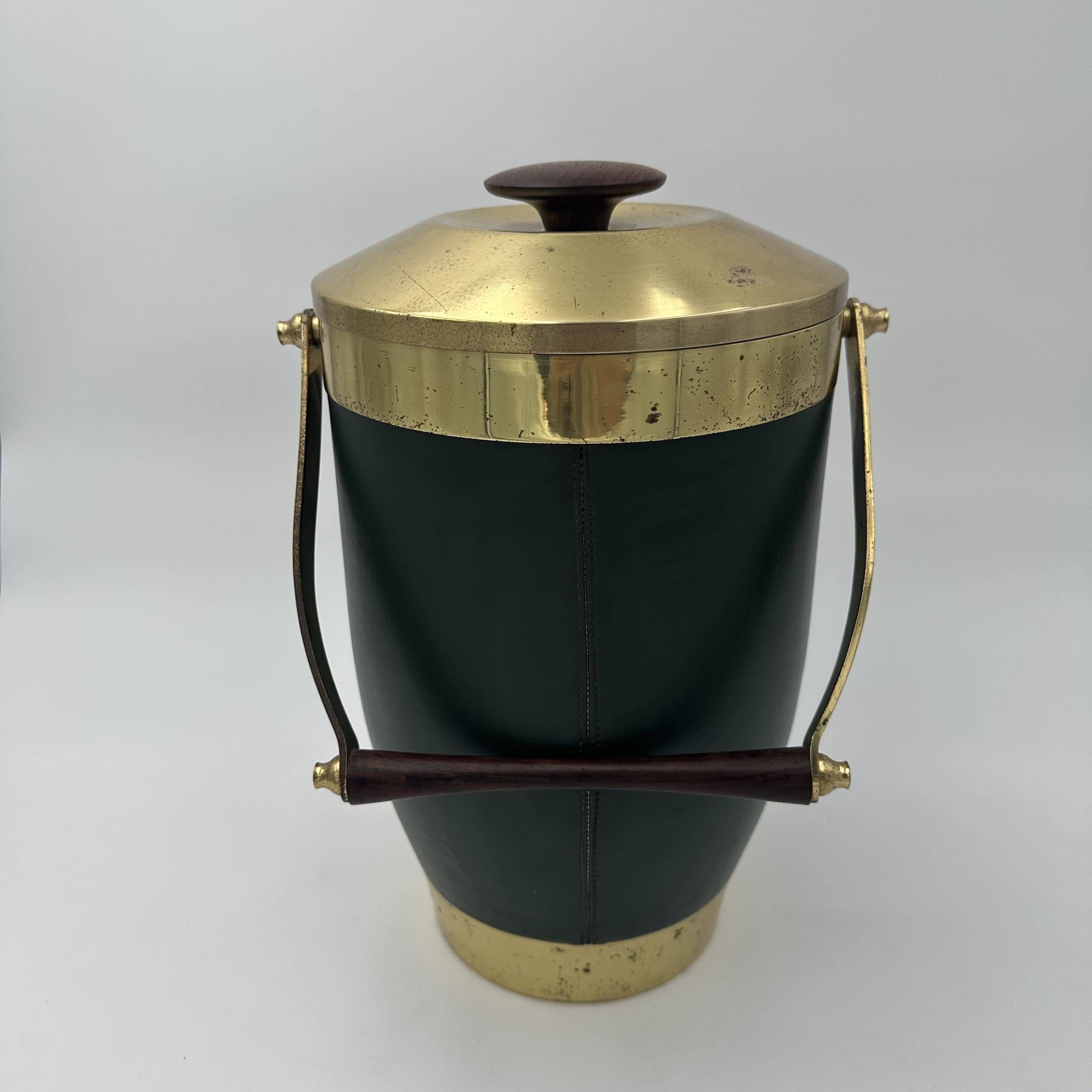Green Leather and Brass Curved Handle Ice Bucket. Italian Work. V
