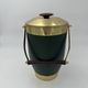 Green Leather and Brass Curved Handle Ice Bucket. Italian Work. V