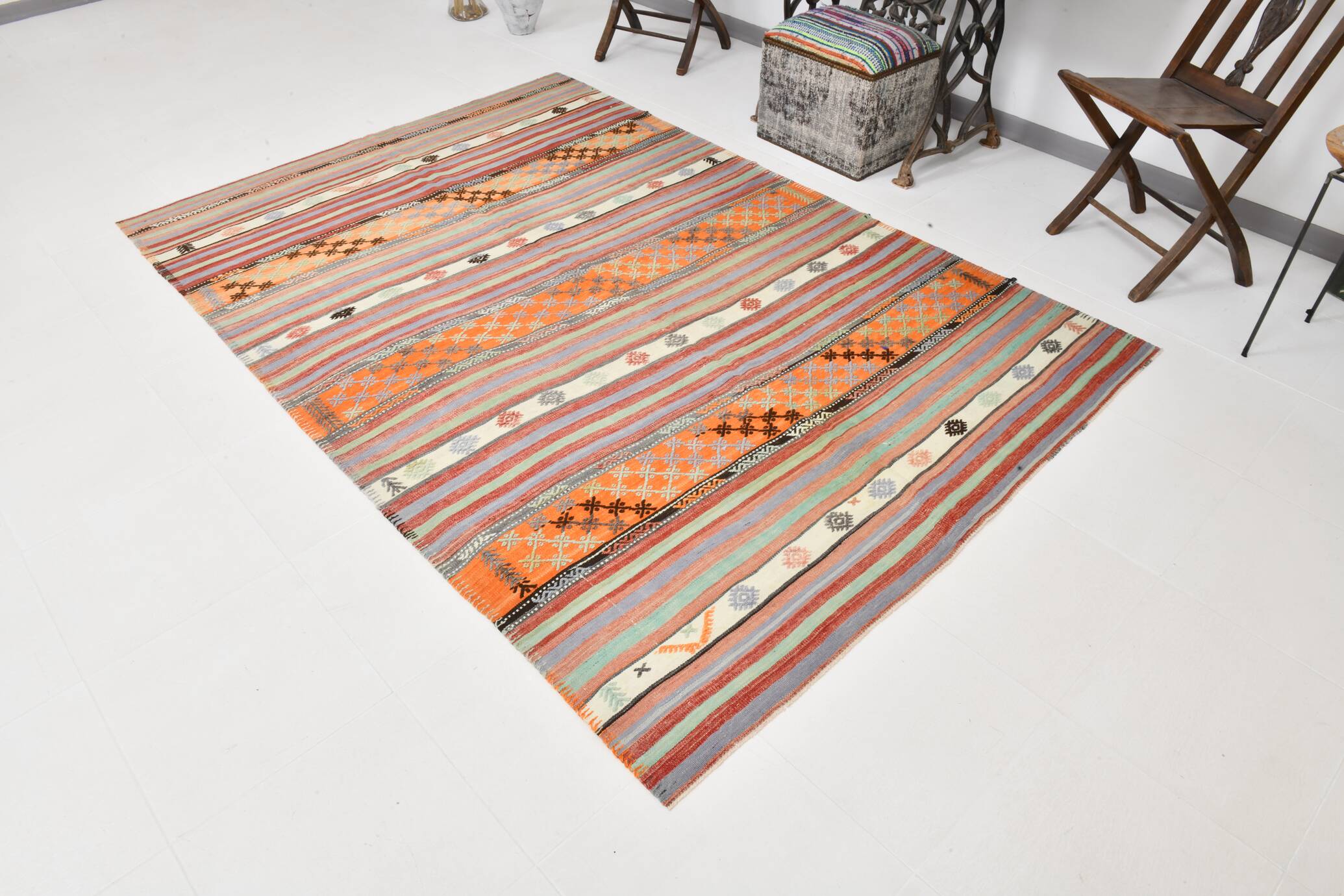 5x8 Orange & Red Striped Vintage Kilim Rug, 173x255Cm SK 32784