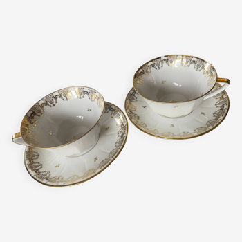 Lot de deux tasses à thé avec sous tasses en porcelaine de limoges js