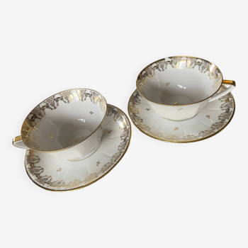 Set of two tea cups with saucers in limoges js porcelain