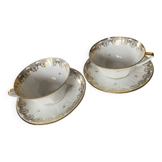 Set of two tea cups with saucers in limoges js porcelain