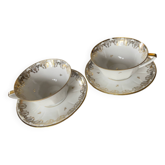 Lot de deux tasses à thé avec sous tasses en porcelaine de limoges js