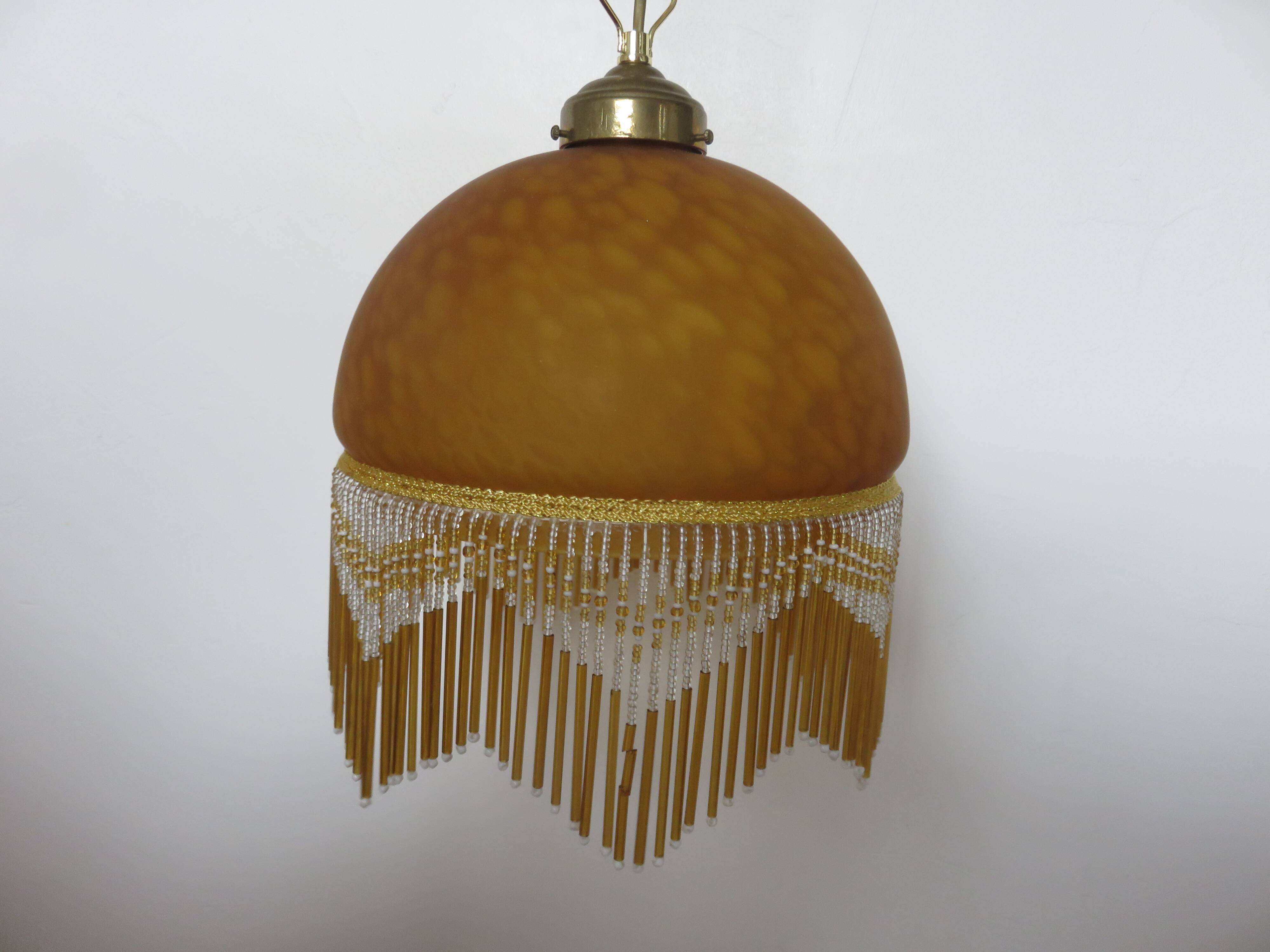 Victorian pendant light in marbled glass, beaded fringes and brass