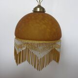 Victorian pendant light in marbled glass, beaded fringes and brass
