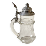 Bohemian crystal beer mug with chiseled pewter lid