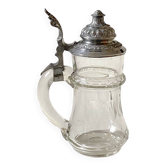 Bohemian crystal beer mug with chiseled pewter lid