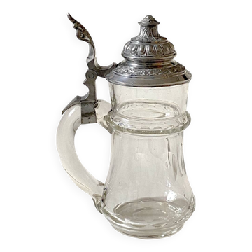 Bohemian crystal beer mug with chiseled pewter lid