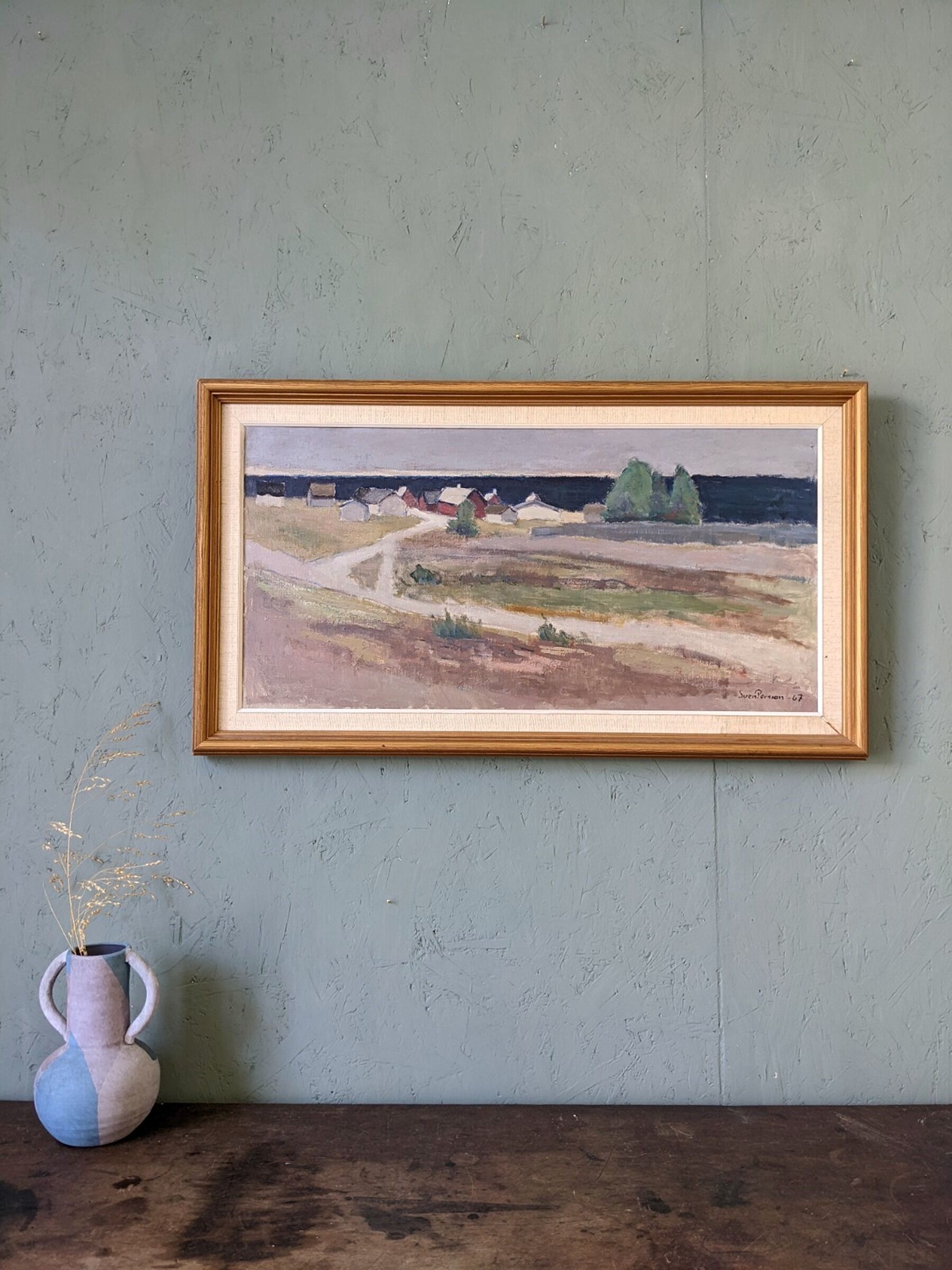 1967 mid-century modern swedish "coastal path" vintage coastal landscape framed oil painting