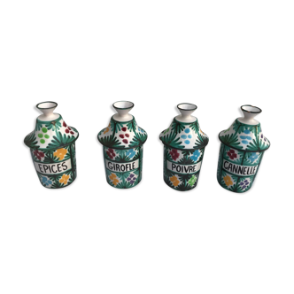 Ancient lot of 4 spice pots signed db terre cuite enamelled decor painted vintage