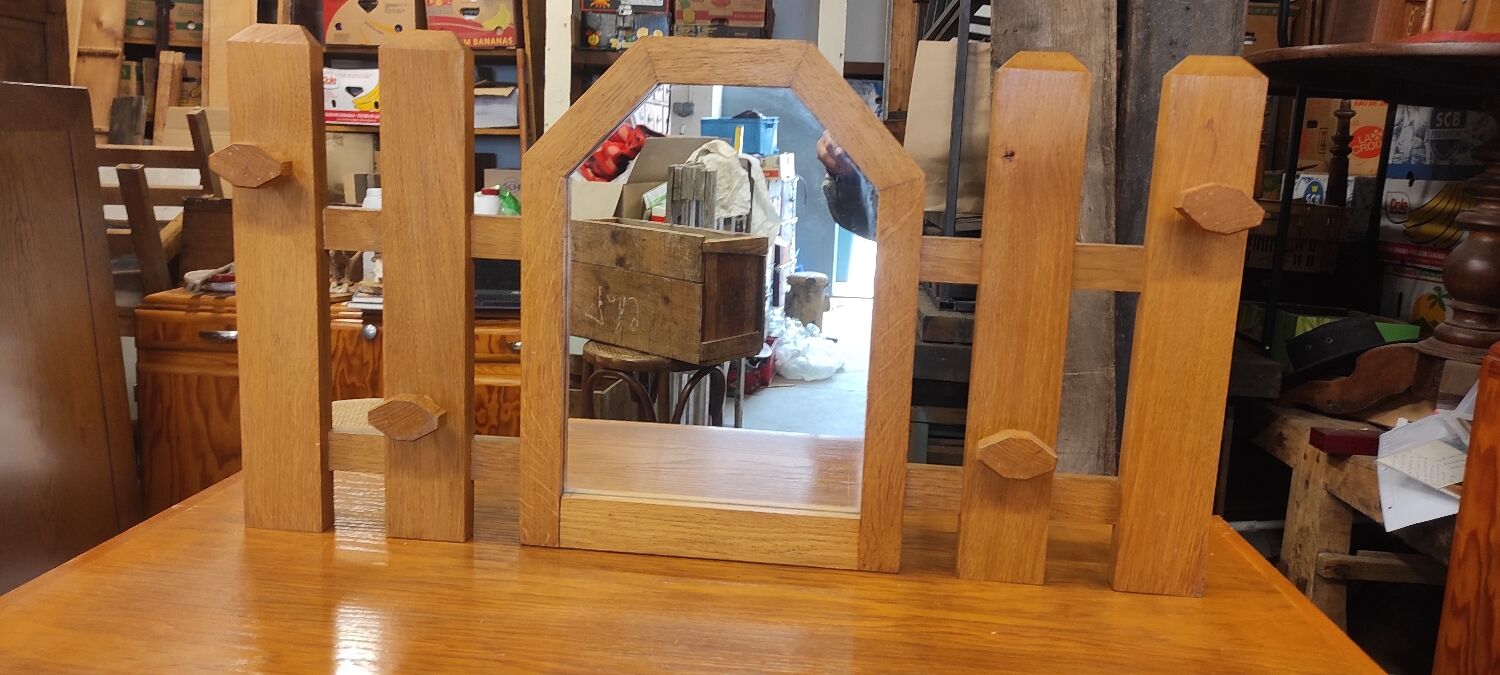 Vintage wooden coat rack with modernist design mirror 4 hooks