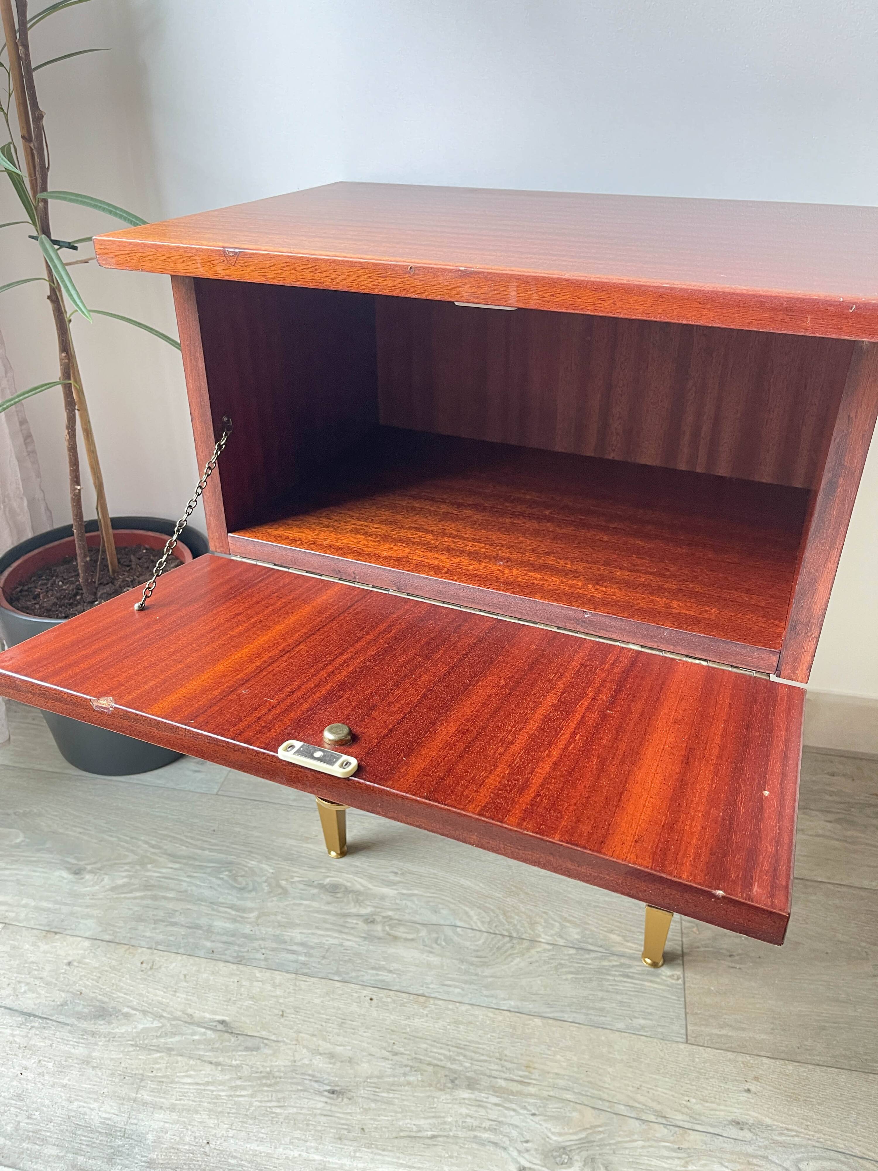 Vintage wood and brass bedside table, 1950s